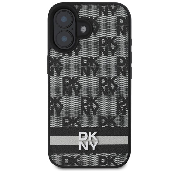 Husa iPhone 16 - DKNY Leather Hardcase Checkered Pattern & Printed Stripes(DKHCP16SPCPTSSK) - Black