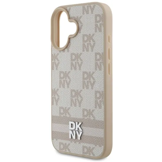 Husa iPhone 16 - DKNY Leather Hardcase Checkered Pattern & Printed Stripes (DKHCP16SPCPTSSP) - Pink