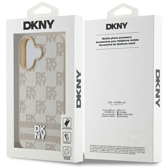 Husa iPhone 16 - DKNY Leather Hardcase Checkered Pattern & Printed Stripes (DKHCP16SPCPTSSP) - Pink