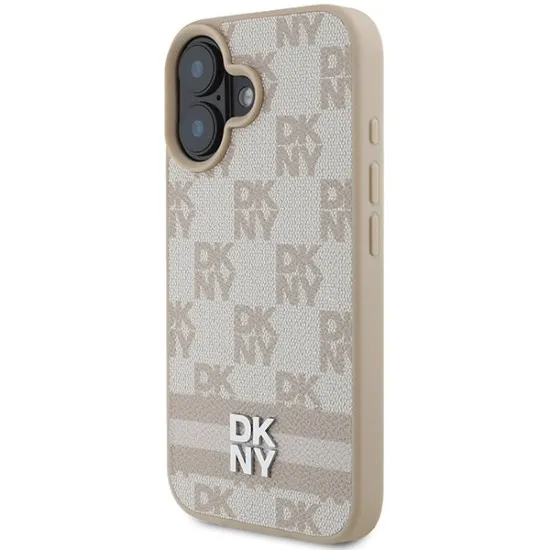 Husa iPhone 16 - DKNY Leather Hardcase Checkered Pattern & Printed Stripes (DKHCP16SPCPTSSP) - Pink