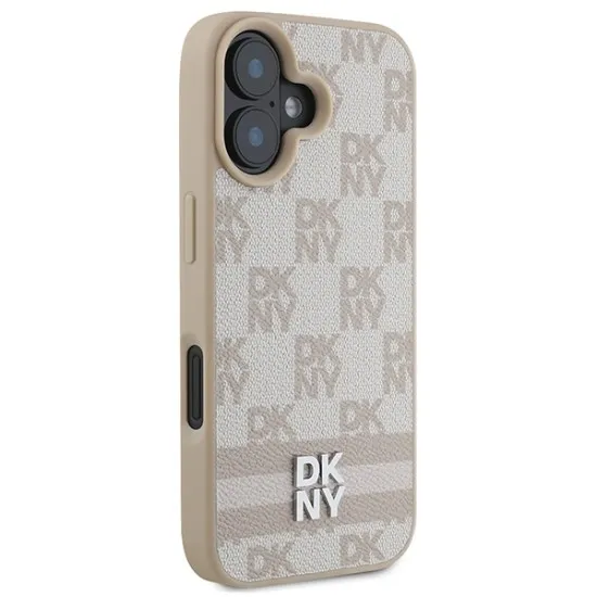 Husa iPhone 16 - DKNY Leather Hardcase Checkered Pattern & Printed Stripes (DKHCP16SPCPTSSP) - Pink
