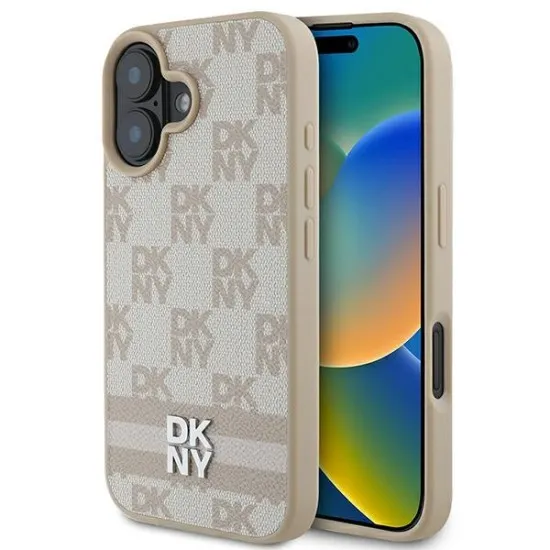 Husa iPhone 16 - DKNY Leather Hardcase Checkered Pattern & Printed Stripes (DKHCP16SPCPTSSP) - Pink