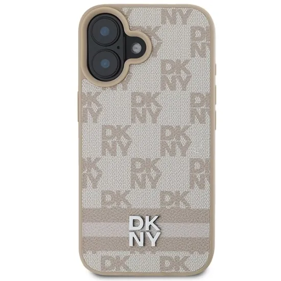 Husa iPhone 16 - DKNY Leather Hardcase Checkered Pattern & Printed Stripes (DKHCP16SPCPTSSP) - Pink