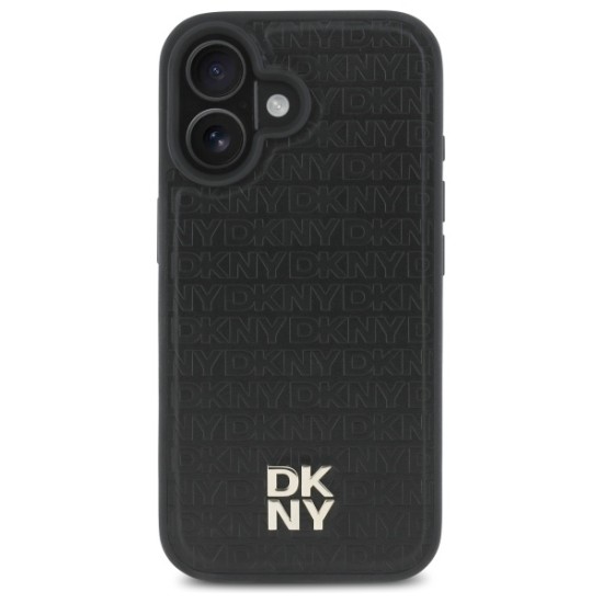 Husa iPhone 16 - DKNY Leather Hardcase Repeat Pattern Stack Logo MagSafe (DKHMP16SPSHRPSK) - Black