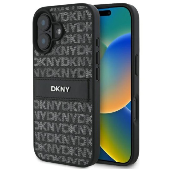 Husa iPhone 16 - DKNY Leather Hardcase Texture Pattern Tonal Stripe (DKHCP16SPRTHSLK) - Black