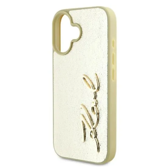 Husa iPhone 16 - Karl Lagerfeld Hardcase Leather (KLHCP16SPFMFBKMD) - Gold Metal Signature Husa iPhone 16 - Karl Lagerfeld Hardcase Leather (KLHCP16SPFMFBKMD) - Gold Metal Signature