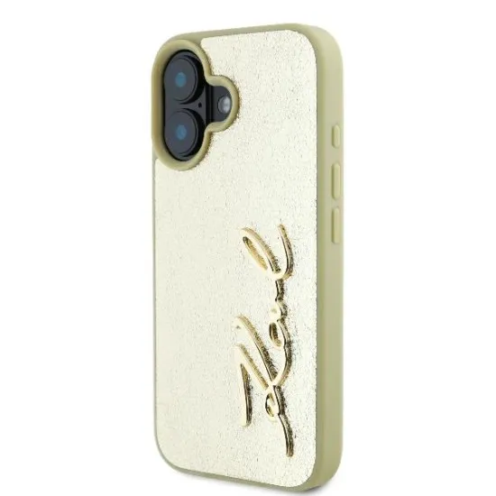 Husa iPhone 16 - Karl Lagerfeld Hardcase Leather (KLHCP16SPFMFBKMD) - Gold Metal Signature Husa iPhone 16 - Karl Lagerfeld Hardcase Leather (KLHCP16SPFMFBKMD) - Gold Metal Signature