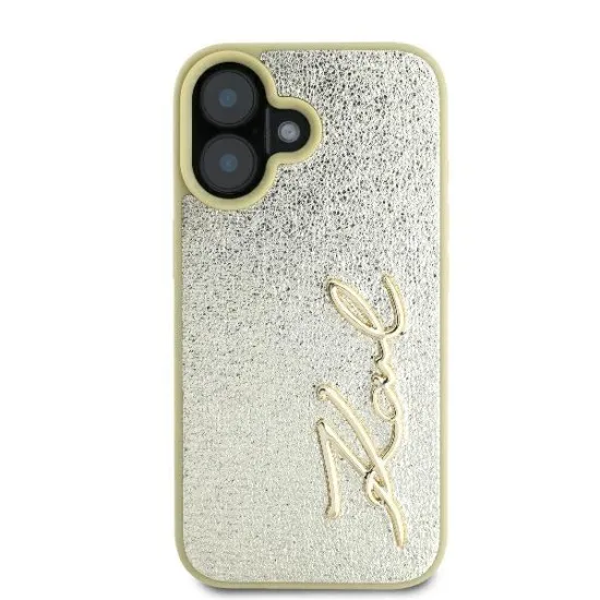 Husa iPhone 16 - Karl Lagerfeld Hardcase Leather (KLHCP16SPFMFBKMD) - Gold Metal Signature Husa iPhone 16 - Karl Lagerfeld Hardcase Leather (KLHCP16SPFMFBKMD) - Gold Metal Signature