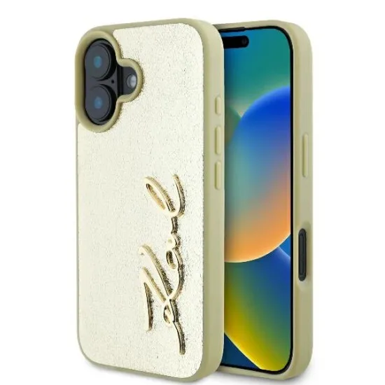 Husa iPhone 16 - Karl Lagerfeld Hardcase Leather (KLHCP16SPFMFBKMD) - Gold Metal Signature Husa iPhone 16 - Karl Lagerfeld Hardcase Leather (KLHCP16SPFMFBKMD) - Gold Metal Signature