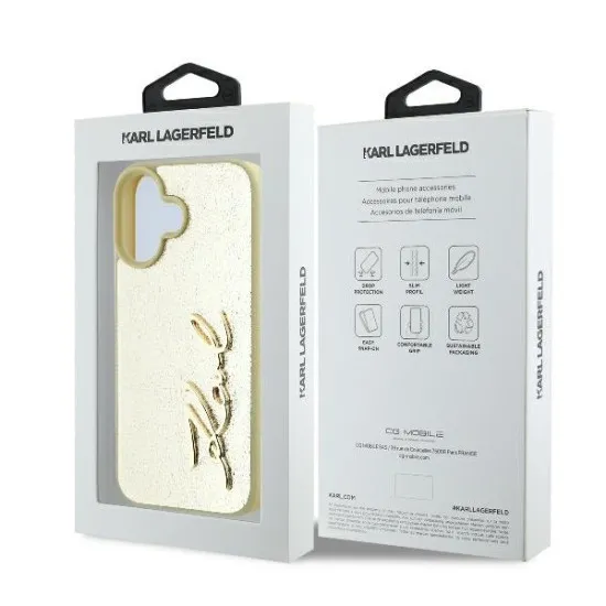 Husa iPhone 16 - Karl Lagerfeld Hardcase Leather (KLHCP16SPFMFBKMD) - Gold Metal Signature Husa iPhone 16 - Karl Lagerfeld Hardcase Leather (KLHCP16SPFMFBKMD) - Gold Metal Signature