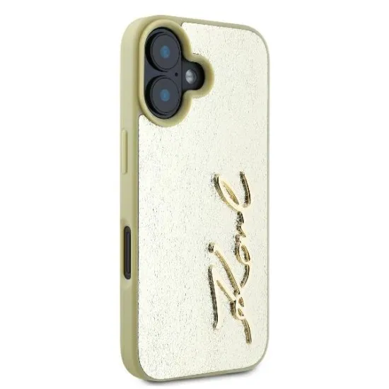 Husa iPhone 16 - Karl Lagerfeld Hardcase Leather (KLHCP16SPFMFBKMD) - Gold Metal Signature Husa iPhone 16 - Karl Lagerfeld Hardcase Leather (KLHCP16SPFMFBKMD) - Gold Metal Signature
