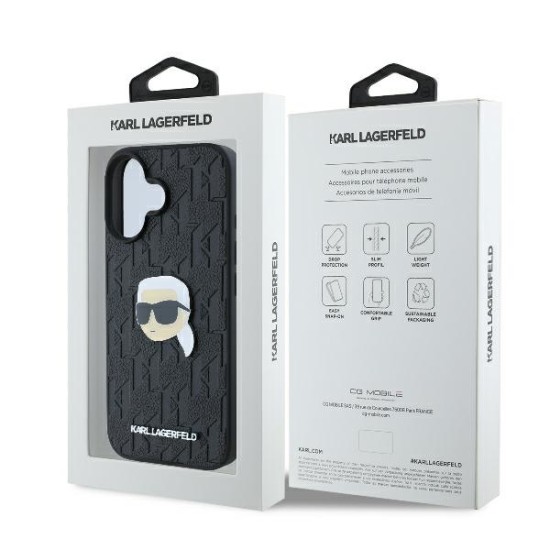 Husa iPhone 16 - Karl Lagerfeld Hardcase Leather Monogram (KLHCP16SPGKLKIPK) - Karl Head Pin