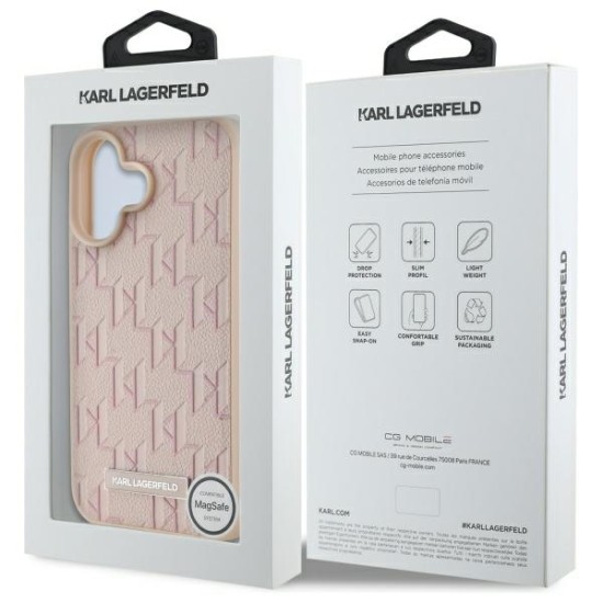 Husa iPhone 16 - Karl Lagerfeld Leather MagSafe (KLHMP16SPKHPORPP) - Pink Hot Stamp