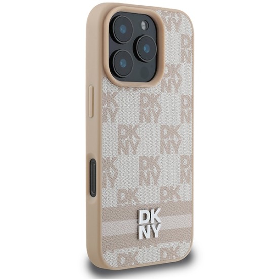 Husa iPhone 16 Pro - DKNY Leather Hardcase Checkered Pattern & Printed Stripes (DKHCP16LPCPTSSP) - Pink