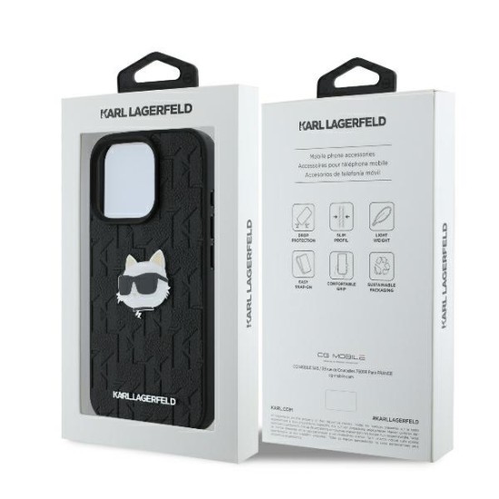 Husa iPhone 16 Pro - Karl Lagerfeld Hardcase Leather Monogram (KLHCP16LPGKLCHPK) - Choupette Head Pin