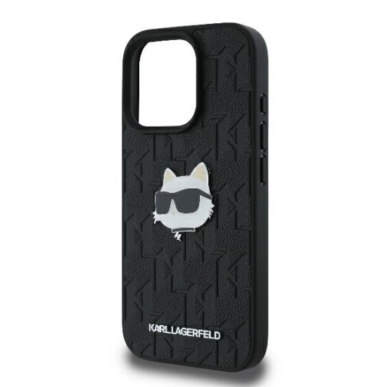 Husa iPhone 16 Pro - Karl Lagerfeld Hardcase Leather Monogram (KLHCP16LPGKLCHPK) - Choupette Head Pin