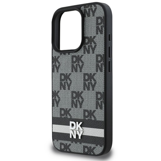 Husa iPhone 16 Pro Max - DKNY Leather  Hardcase Checkered Pattern & Printed Stripes (DKHCP16XPCPTSSK) - Black