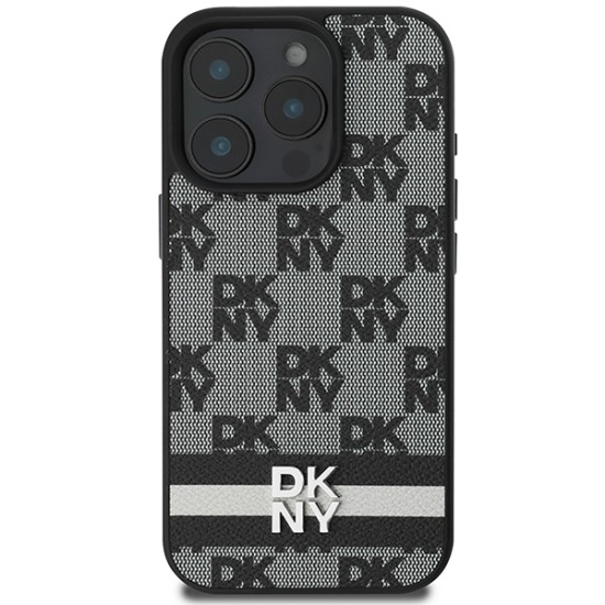 Husa iPhone 16 Pro Max - DKNY Leather  Hardcase Checkered Pattern & Printed Stripes (DKHCP16XPCPTSSK) - Black