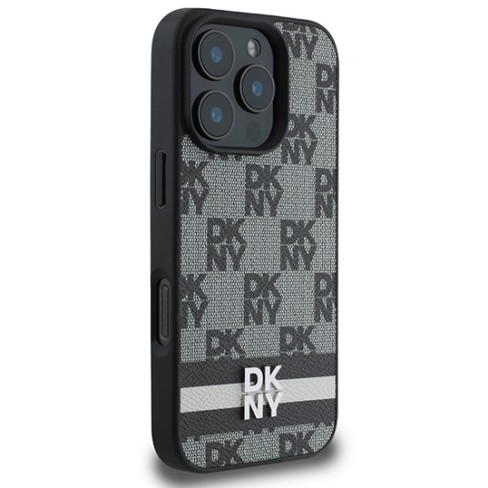 Husa iPhone 16 Pro Max - DKNY Leather  Hardcase Checkered Pattern & Printed Stripes (DKHCP16XPCPTSSK) - Black