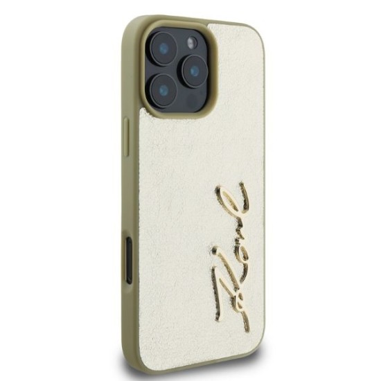 Husa iPhone 16 Pro Max - Karl Lagerfeld Hardcase Leather (KLHCP16XPFMFBKMD) - Gold Metal Signature