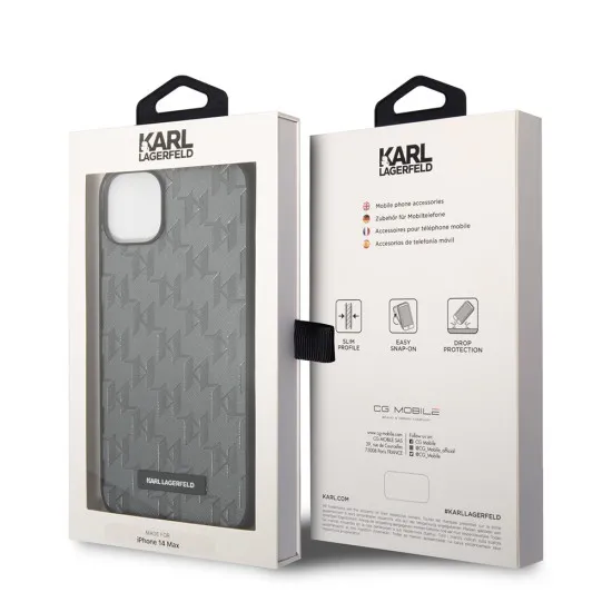 Husa pentru iPhone 14 Plus / iPhone 15 Plus - Karl Lagerfeld Saffiano (KLHCP14MSAKLHPG) - Grey Mono Metal Logo Husa pentru iPhone 14 Plus / iPhone 15 Plus - Karl Lagerfeld Saffiano (KLHCP14MSAKLHPG) - Grey Mono Metal Logo