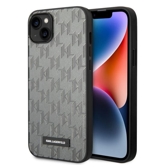 Husa pentru iPhone 14 Plus /  iPhone 15 Plus - Karl Lagerfeld Saffiano (KLHCP14MSAKLHPG) - Grey Mono Metal Logo