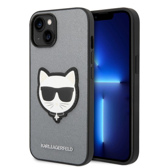 Husa pentru iPhone 14 Plus /  iPhone 15 Plus - Karl Lagerfeld Saffiano (KLHCP14MSAPCHG) - Silver Choupette Head