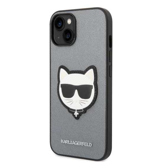 Husa pentru iPhone 14 Plus /  iPhone 15 Plus - Karl Lagerfeld Saffiano (KLHCP14MSAPCHG) - Silver Choupette Head