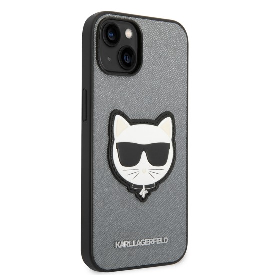 Husa pentru iPhone 14 Plus /  iPhone 15 Plus - Karl Lagerfeld Saffiano (KLHCP14MSAPCHG) - Silver Choupette Head