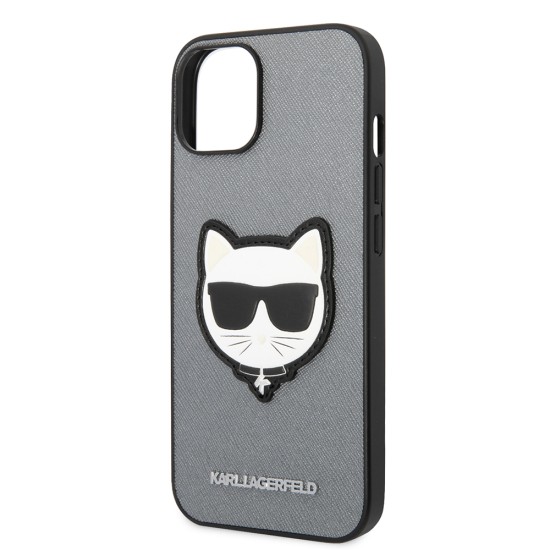 Husa pentru iPhone 14 Plus /  iPhone 15 Plus - Karl Lagerfeld Saffiano (KLHCP14MSAPCHG) - Silver Choupette Head