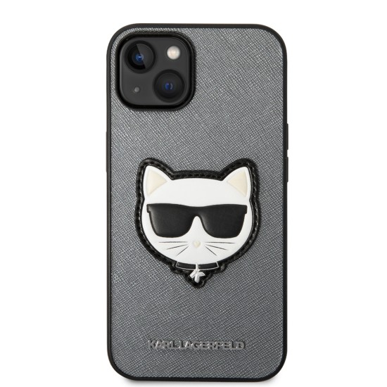 Husa pentru iPhone 14 Plus /  iPhone 15 Plus - Karl Lagerfeld Saffiano (KLHCP14MSAPCHG) - Silver Choupette Head