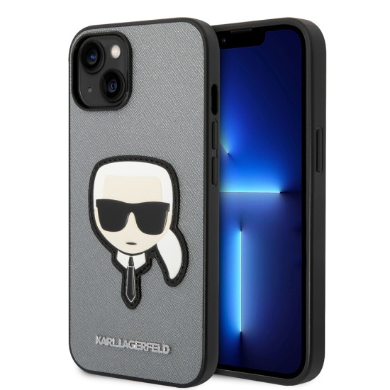 Husa pentru iPhone 14 Plus /  iPhone 15 Plus - Karl Lagerfeld Saffiano (KLHCP14MSAPKHG) - Silver Karl`s Head