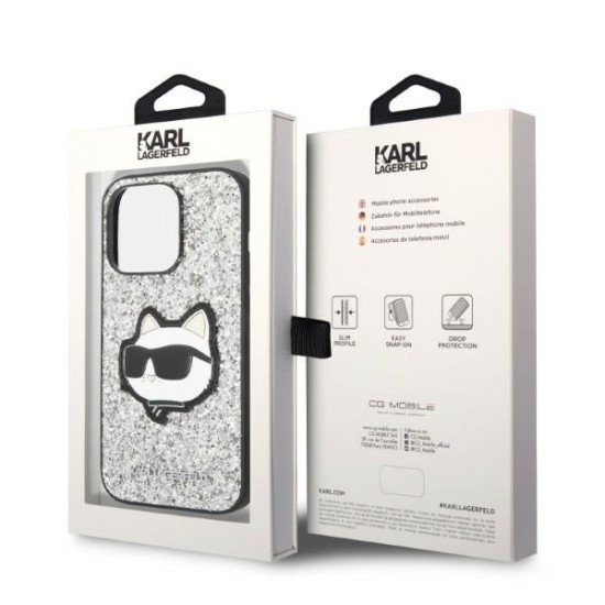 Husa pentru iPhone 14 Pro - Karl Lagerfeld Hardcase Glitter (KLHCP14LG2CPS) - Silver Choupette Patch