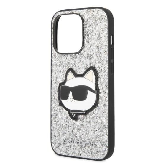 Husa pentru iPhone 14 Pro - Karl Lagerfeld Hardcase Glitter (KLHCP14LG2CPS) - Silver Choupette Patch