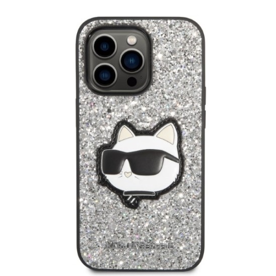 Husa pentru iPhone 14 Pro - Karl Lagerfeld Hardcase Glitter (KLHCP14LG2CPS) - Silver Choupette Patch