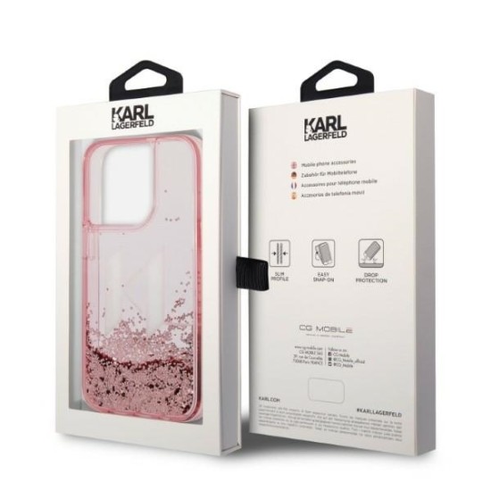 Husa pentru iPhone 14 Pro - Karl Lagerfeld Hardcase Glitter (KLHCP14LLBKLCP) - Pink Liquid Big KL