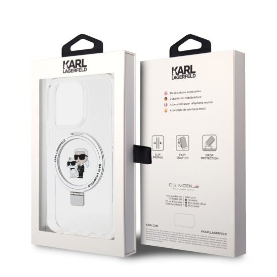 Husa pentru iPhone 14 Pro - Karl Lagerfeld Hardcase Ring Stand MagSafe (KLHMP14LHMRSKCH) - White Karl&Choupette