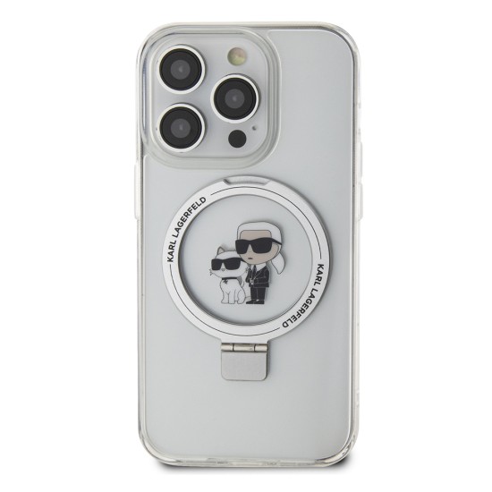 Husa pentru iPhone 14 Pro - Karl Lagerfeld Hardcase Ring Stand MagSafe (KLHMP14LHMRSKCH) - White Karl&Choupette