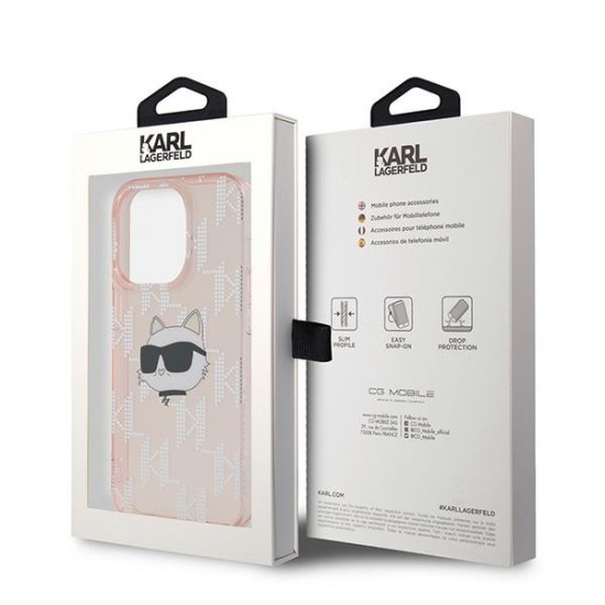 Husa pentru iPhone 14 Pro - Karl Lagerfeld IML Luxury (KLHCP14LHKLPCHP) - Pink Choupette Head&Monogram