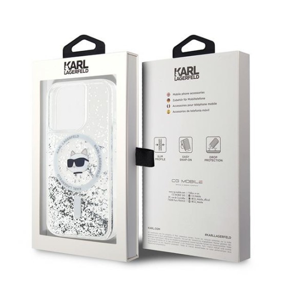 Husa pentru iPhone 14 Pro - Karl Lagerfeld Liquid Glitter MagSafe (KLHMP14LLGCHSGH) - Transparent Choupette Head