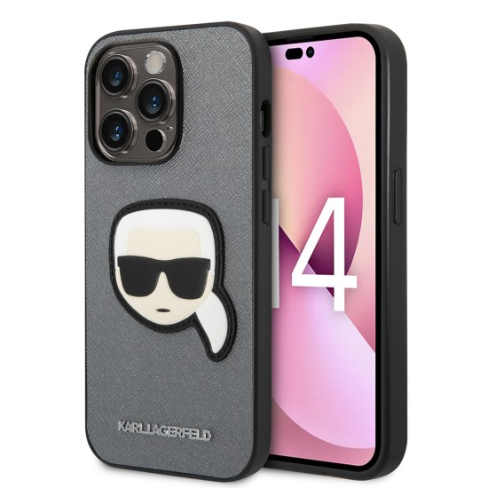 Husa pentru iPhone 14 Pro - Karl Lagerfeld Saffiano (KLHCP14LSAPKHG) - Silver Karl`s Head