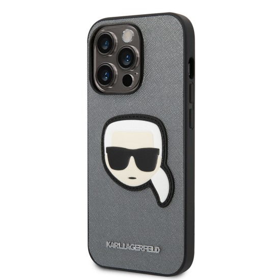 Husa pentru iPhone 14 Pro - Karl Lagerfeld Saffiano (KLHCP14LSAPKHG) - Silver Karl`s Head