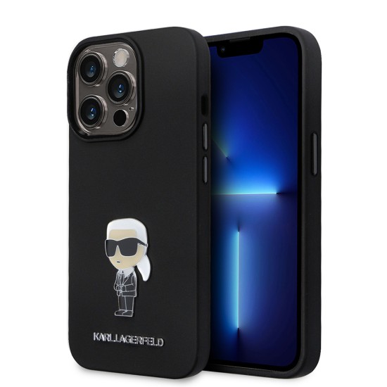 Husa pentru iPhone 14 Pro - Karl Lagerfeld Silicone (KLHCP14LSMHKNPK) - Ikonik Metal Pin