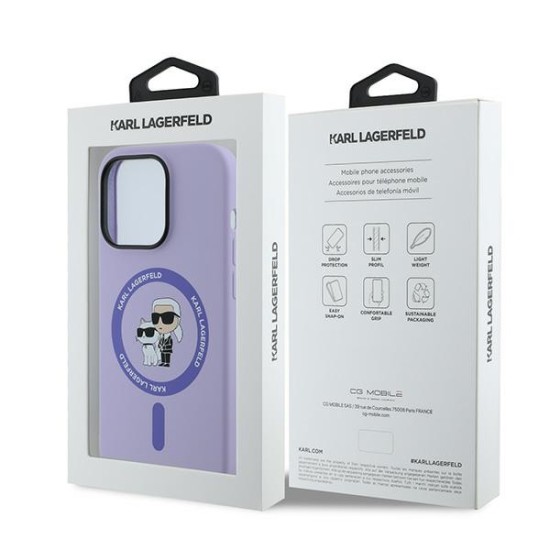 Husa pentru iPhone 14 Pro - Karl Lagerfeld Silicone Ring MagSafe (KLHMP14LSCMKCRHU) - Purple Karl&Choupette Head