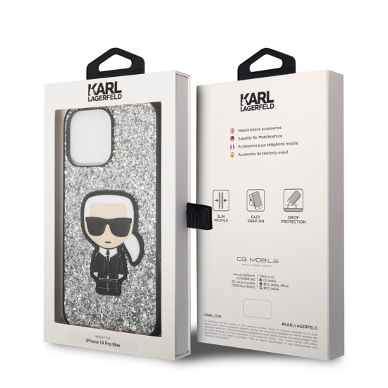 Husa pentru iPhone 14 Pro Max - Karl Lagerfeld Hardcase Glitter (KLHCP14XGFKPG) - Silver Flakes Ikonik