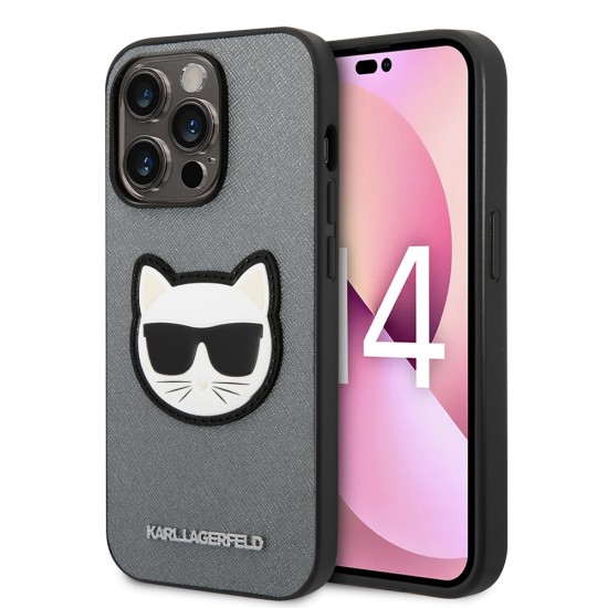 Husa pentru iPhone 14 Pro Max - Karl Lagerfeld Saffiano (KLHCP14XSAPCHG) - Silver Choupette Head