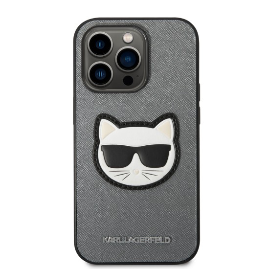 Husa pentru iPhone 14 Pro Max - Karl Lagerfeld Saffiano (KLHCP14XSAPCHG) - Silver Choupette Head