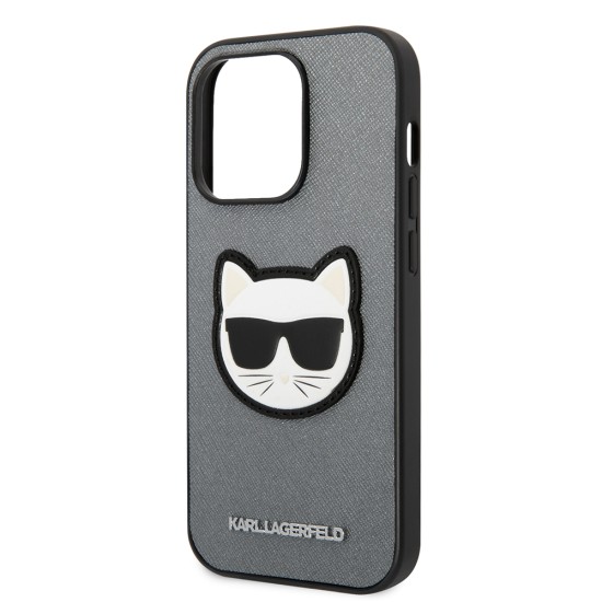 Husa pentru iPhone 14 Pro Max - Karl Lagerfeld Saffiano (KLHCP14XSAPCHG) - Silver Choupette Head