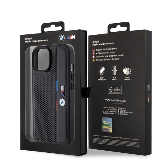 Husa pentru iPhone 15 - BMW Hardcase Perforated Tricolor Line (BMHCP15S23PUPVK) - Black