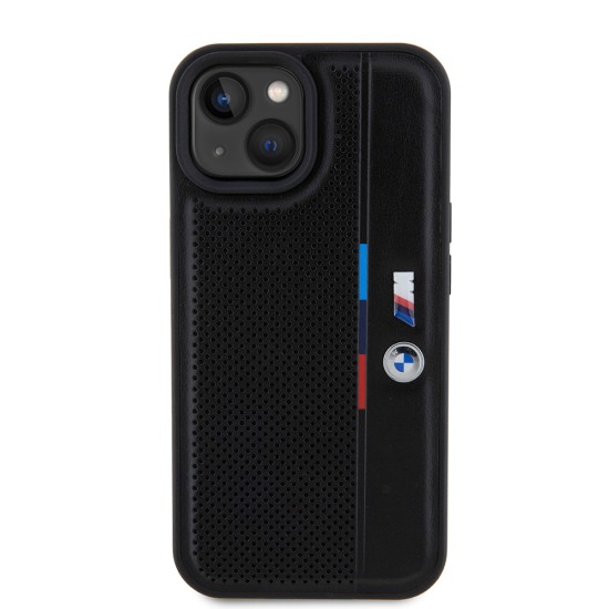 Husa pentru iPhone 15 - BMW Hardcase Perforated Tricolor Line (BMHCP15S23PUPVK) - Black